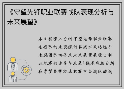 《守望先锋职业联赛战队表现分析与未来展望》